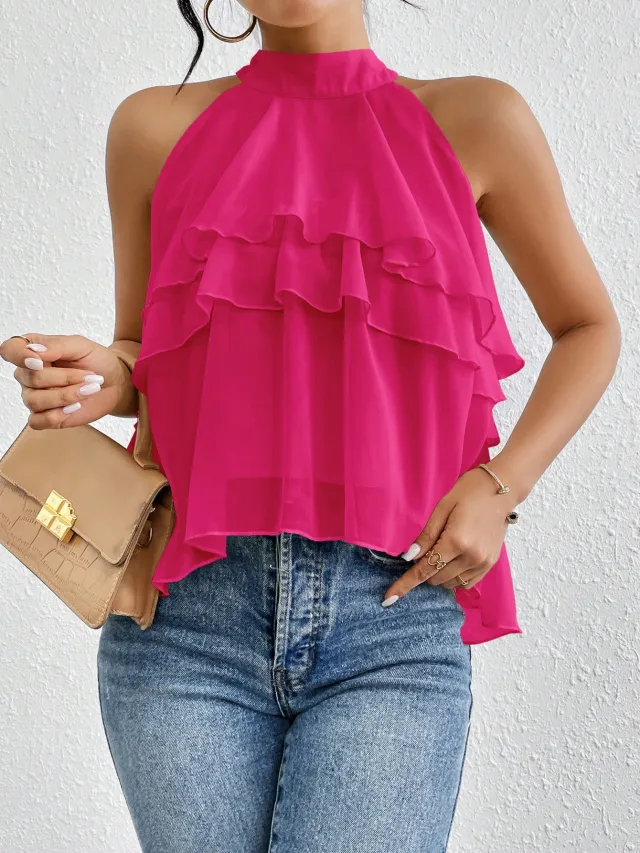 Women's Versatile Solid color Halter neck Sleeveless Top With An Irregular Ruffled Hem Rose Red - Shop at LoveMi