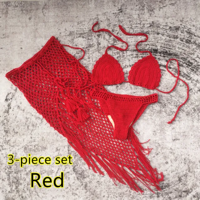 3 piece European And American Handmade Crochet Bikini Beach Skirt Swimsuit Suit Red - Shop at LoveMi