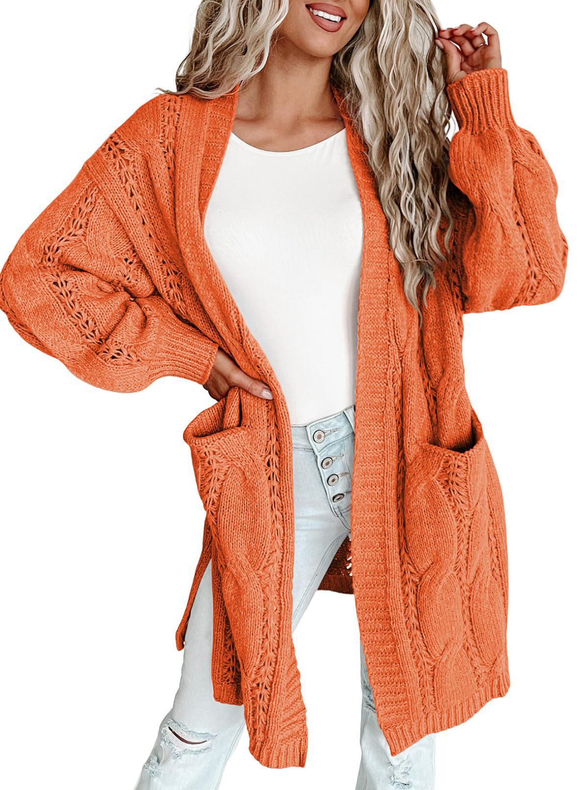 Autumn And Winter European And American Style Women Long Cardigan Long Sleeve Sweater With Pockets Orange - Shop at LoveMi