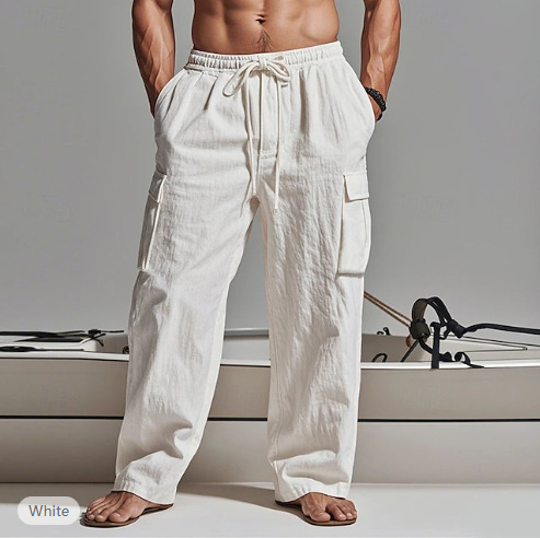 Mens Casual Wide-leg Pants With Drawstring Waist Adjustable Fit And Multiple Pockets