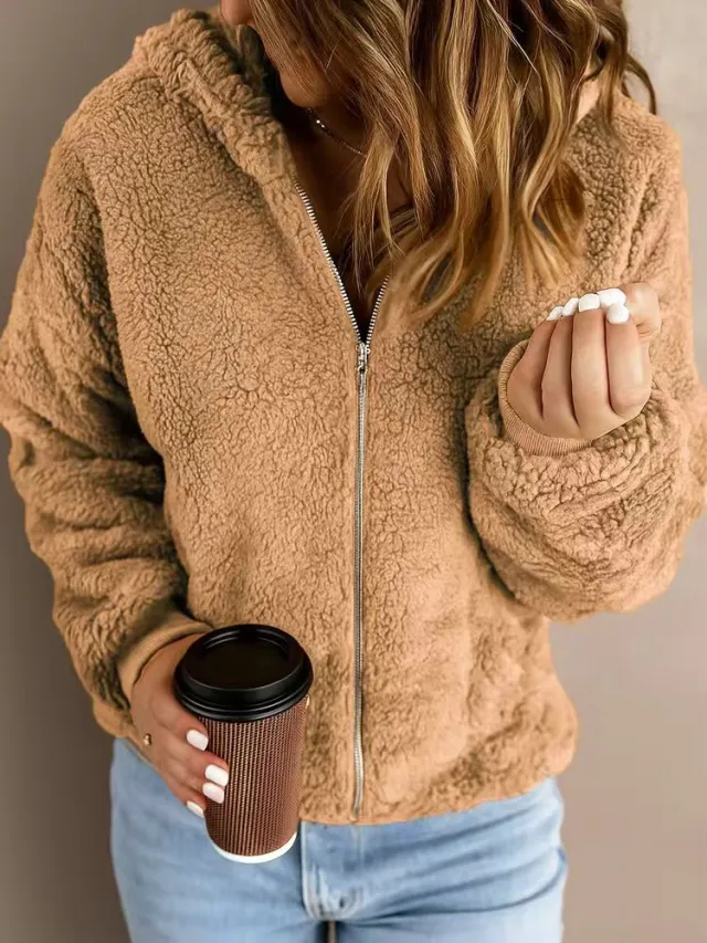 Women's Casual Hooded Long Sleeve Pullover Plush Coat Camel - Shop at LoveMi