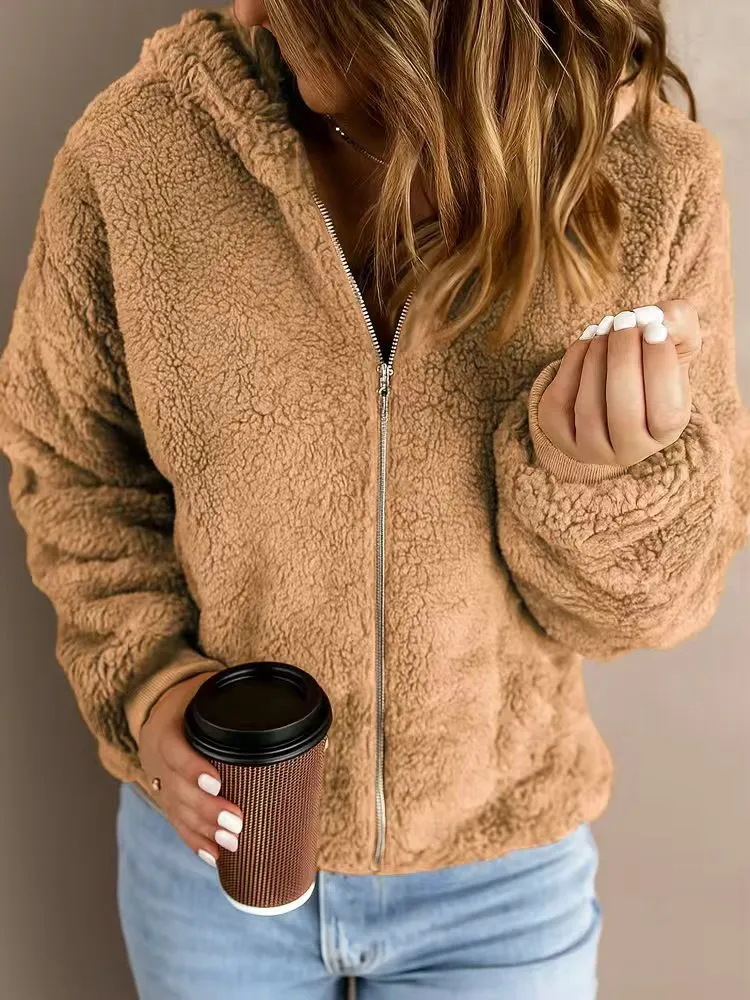 Women's Casual Hooded Long Sleeve Pullover Plush Coat - Camel