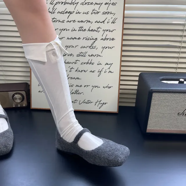 New Polo Collar Button Female Middle Tube Socks White - Shop at LoveMi