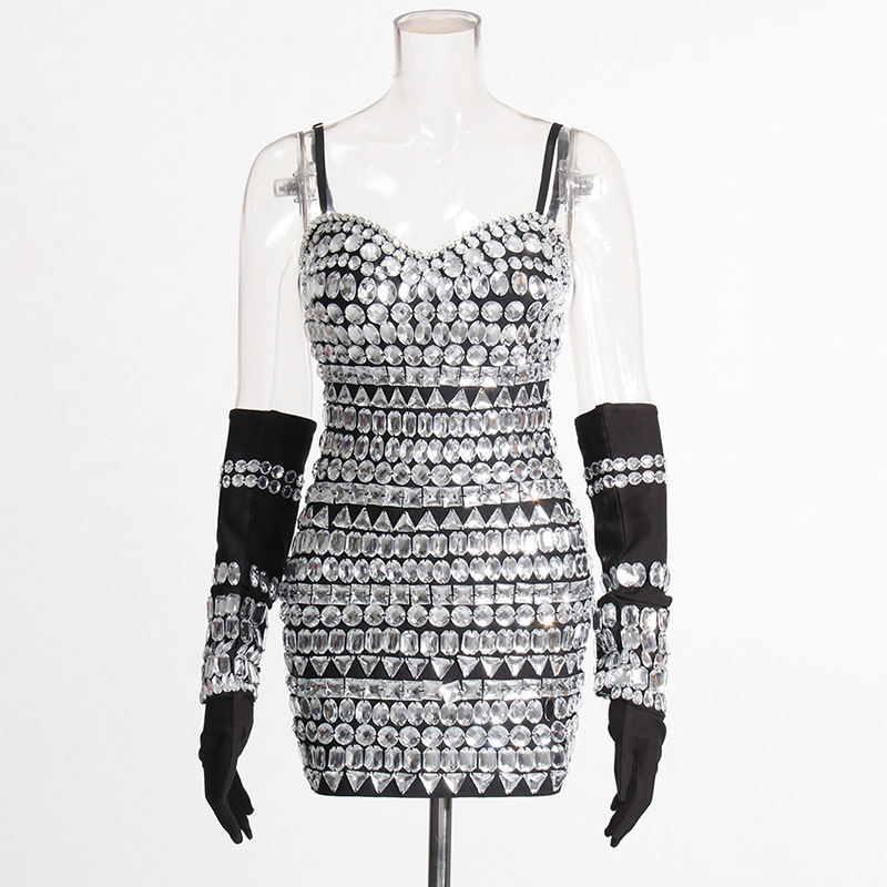 European And American Heavy Industry Rhinestone Oversleeve Design Sling Dress