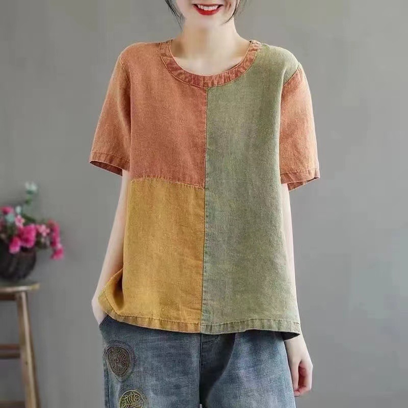 Contrast Color Cotton Linen T-shirt Women's