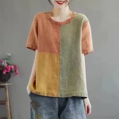 Cotton Linen Contrast Colour T-shirt Artistic Design Half Sleeve Women - Orange Collar - View 1