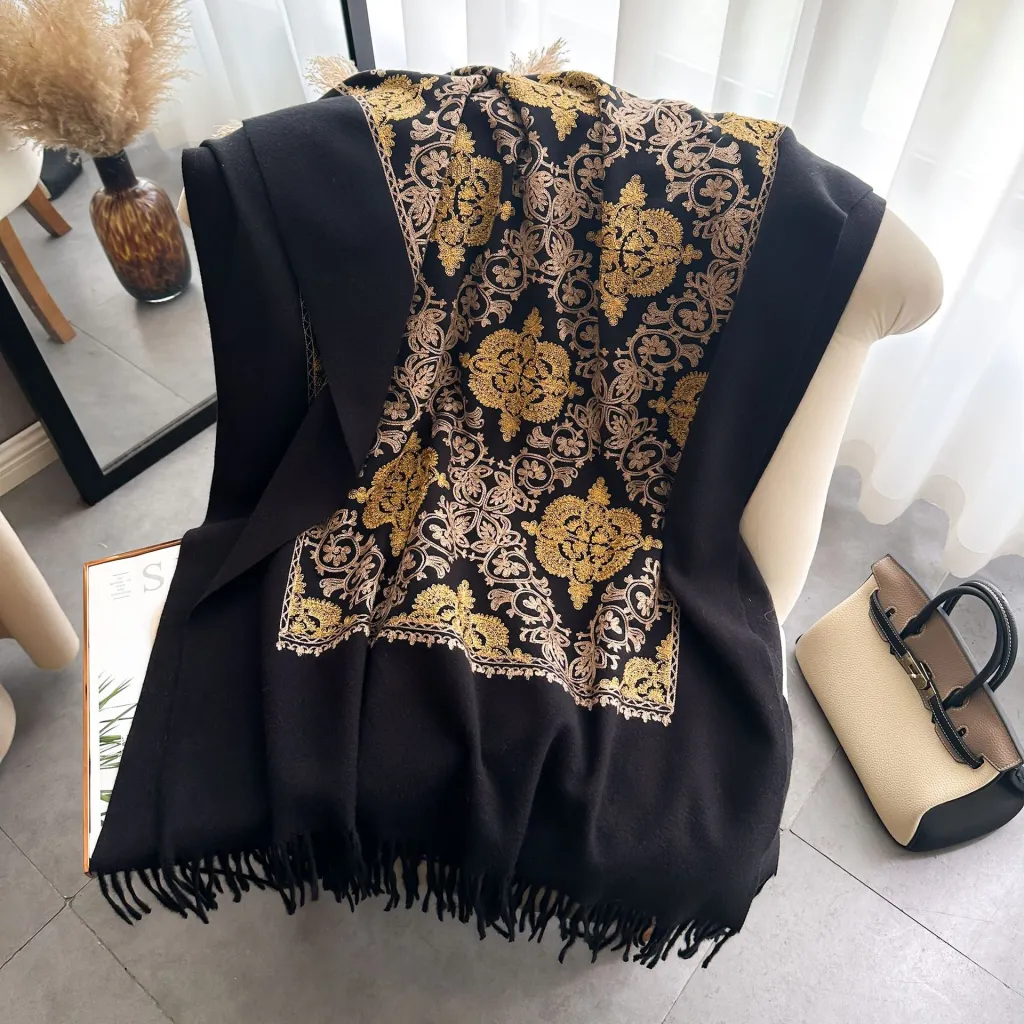 Ethnic Style Plant Totem Cashmere-like Embroidered Warm Scarf - Black