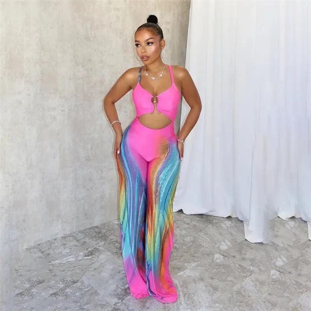 Summer New Sexy Tight Backless Contrast Color Low cut Sling High Waist Jumpsuit Rose Red - Shop at LoveMi