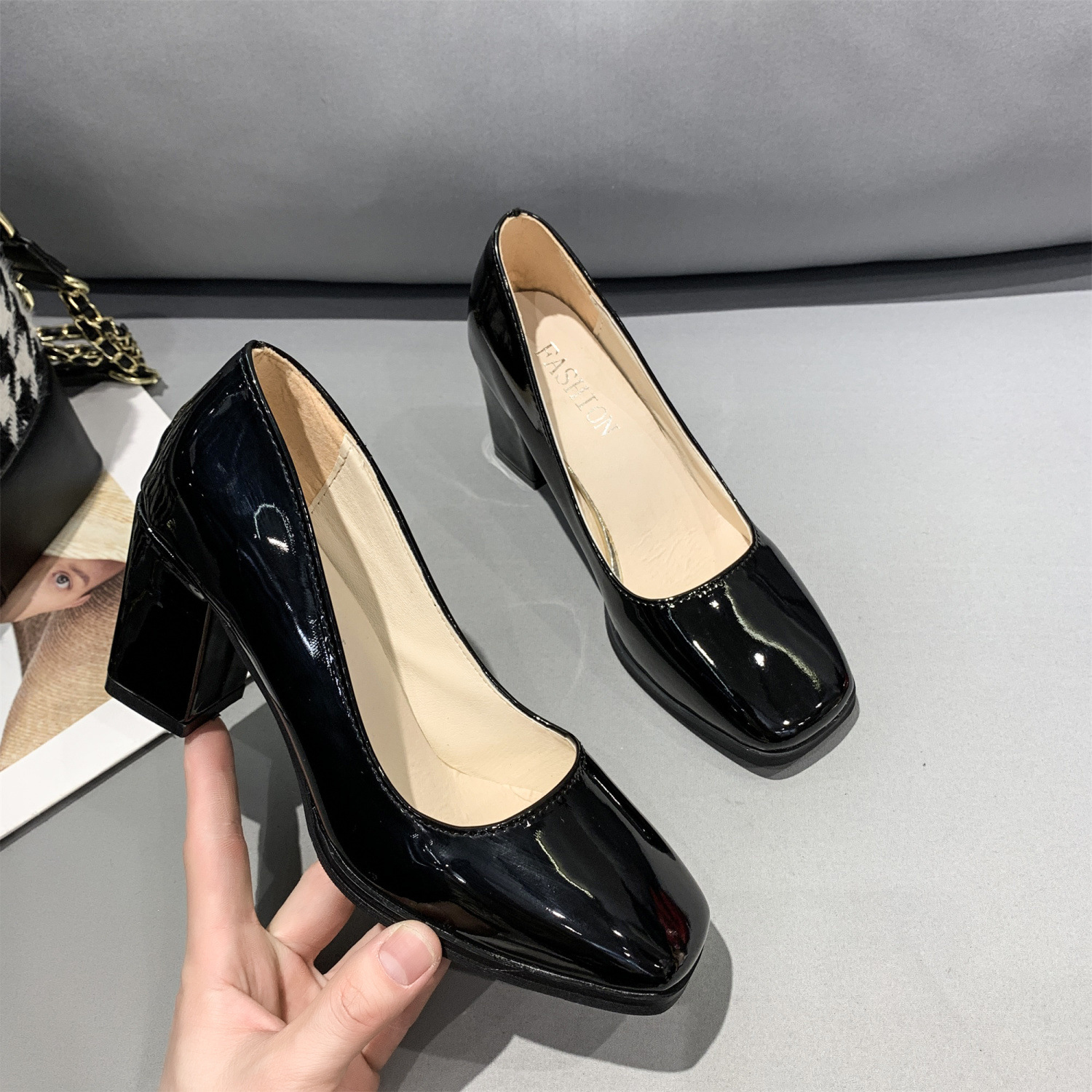 Women's Plus Size Square Toe Pumps - Chunky Heel Work Shoes Single Layer Leather Casual Office Footwear Sizes 41-50