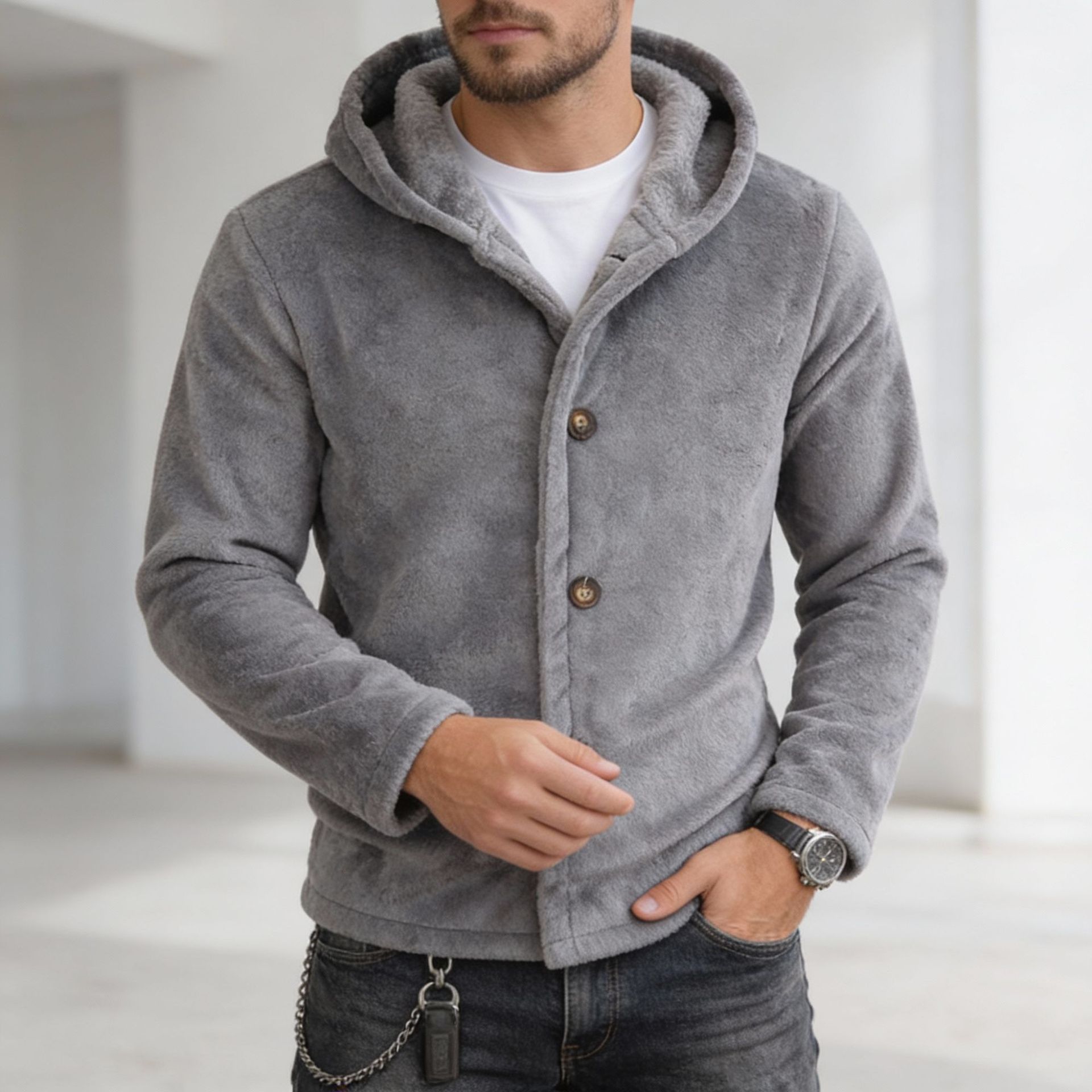 Mens Solid-Color Coral-Fleece Hooded Single-Breasted Sweatshirt Jacket