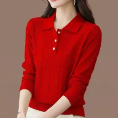 Fashion Loose Bottoming Shirt Knitted Top - Red - View 1