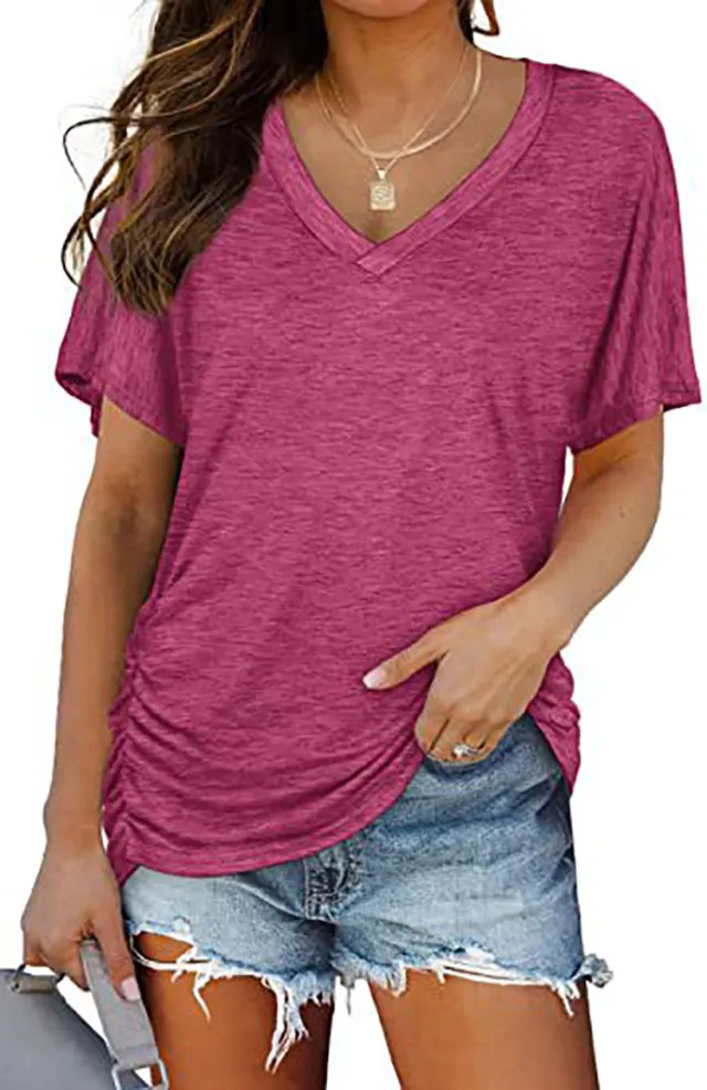 European And American T shirt Solid Color Casual Loose fitting V neck Top Rose Red - Shop at LoveMi