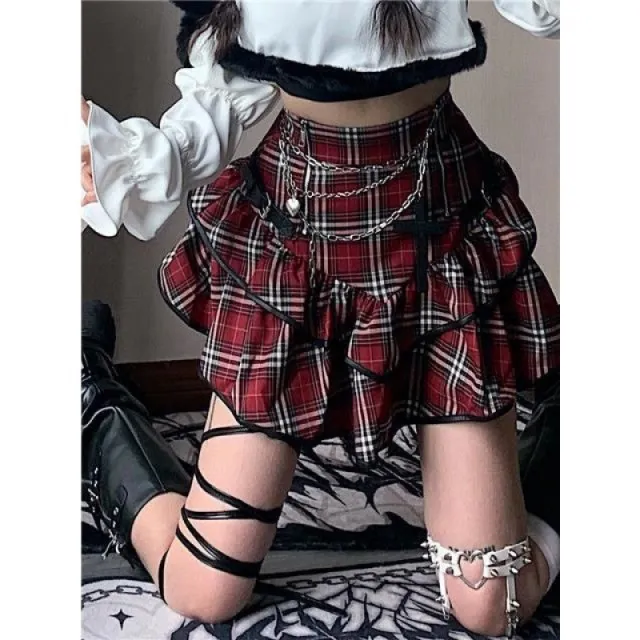 Y2g Niche Cake High Waist A Line Skirt Red Tartan Skirt Chain - Shop at LoveMi