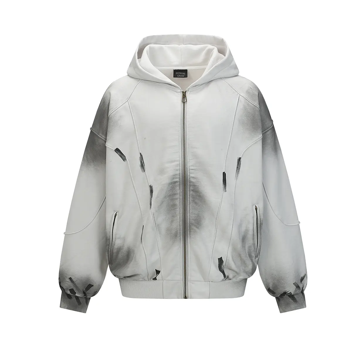 Graffiti-washed Earth-toned Distressed Hooded Sweatshirt