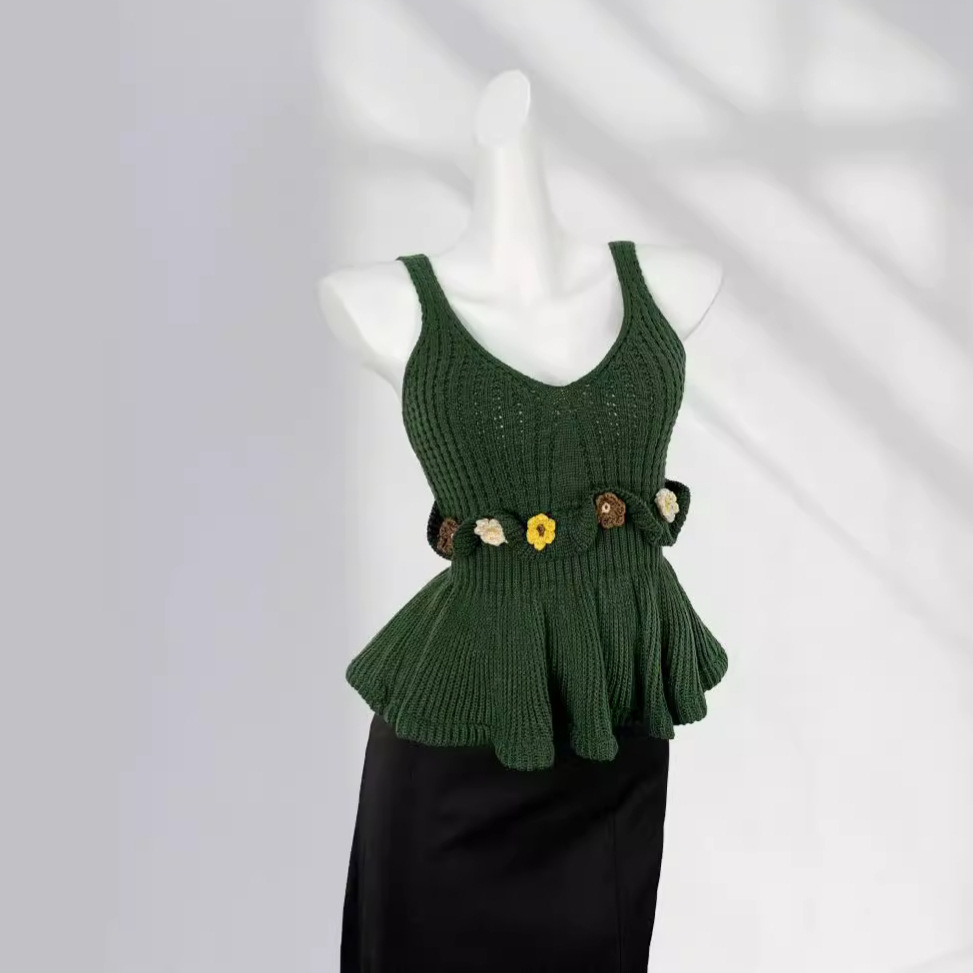 Retro French Handmade Crochet Three-dimensional Flower Top