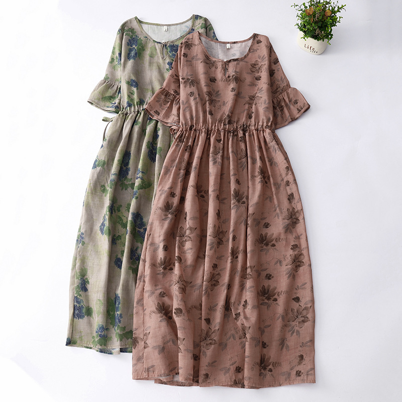 Summer Elegant Cotton And Linen Floral Belly-covering Dress