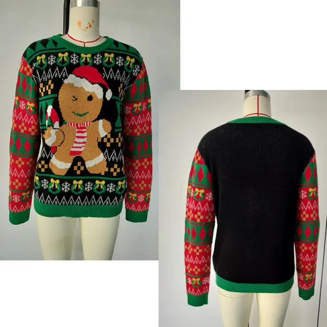 Cute Gingerbread Man Pullover Sweater For Women AutumnWinter Long Sleeve Green - Shop at LoveMi