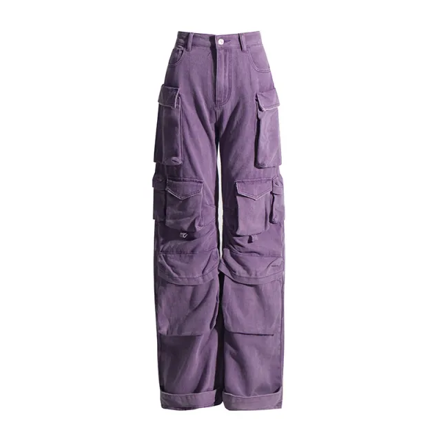 Women's High Waist Straight Cargo Jeans Purple - Shop at LoveMi