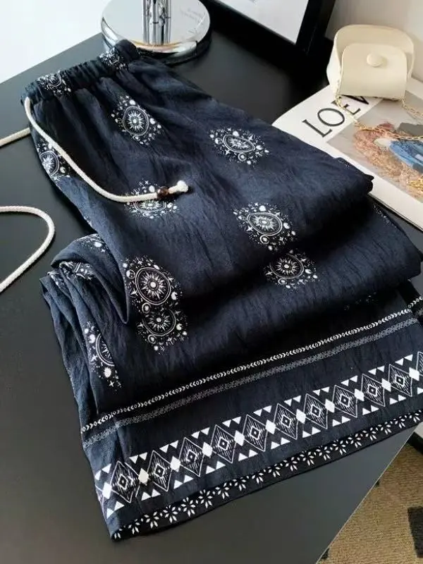 Retro Beaded Drawstring Women's Summer Cool Wide-leg Pants - Black