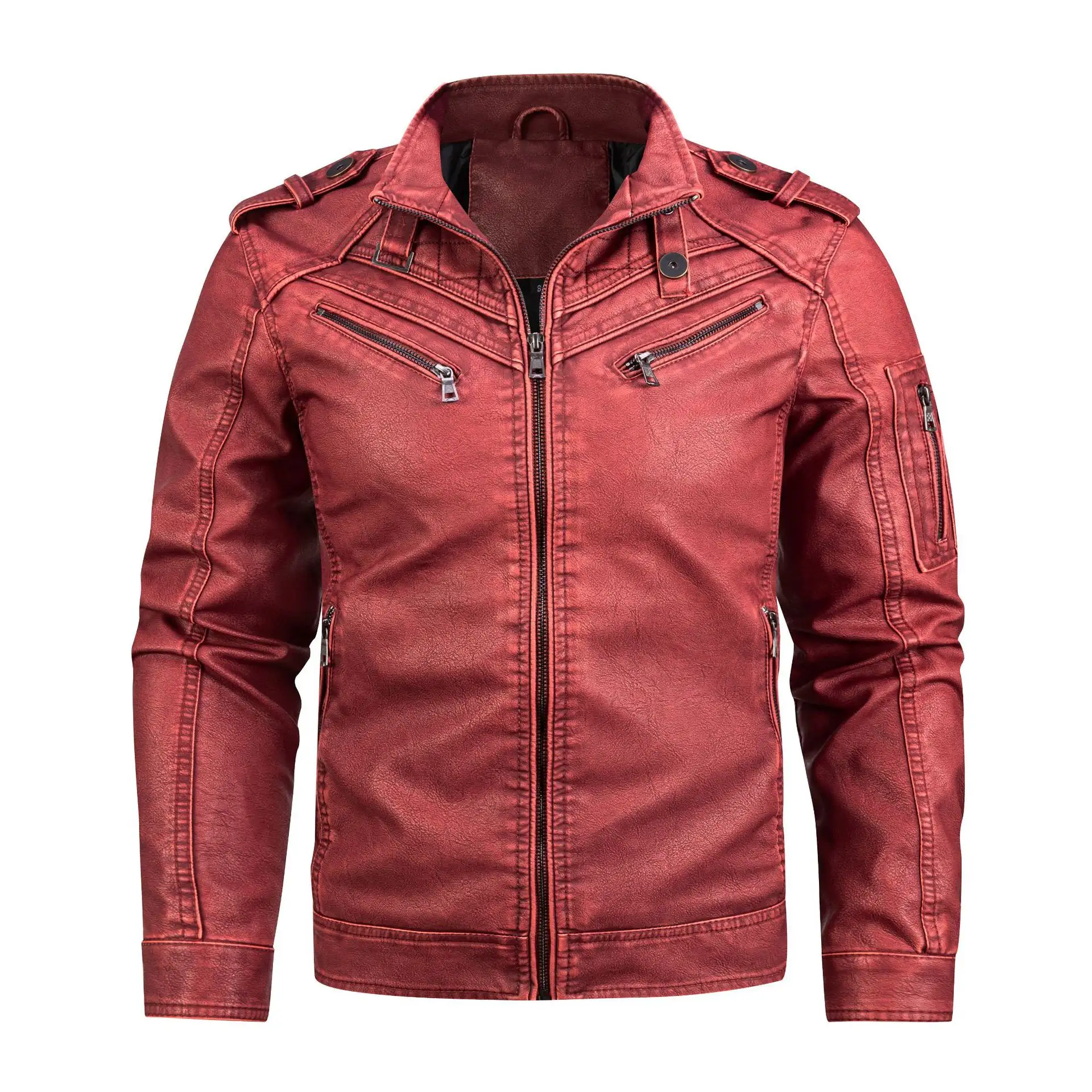 Leather Coat Men's Vintage Washed Faded Edge Stand Collar