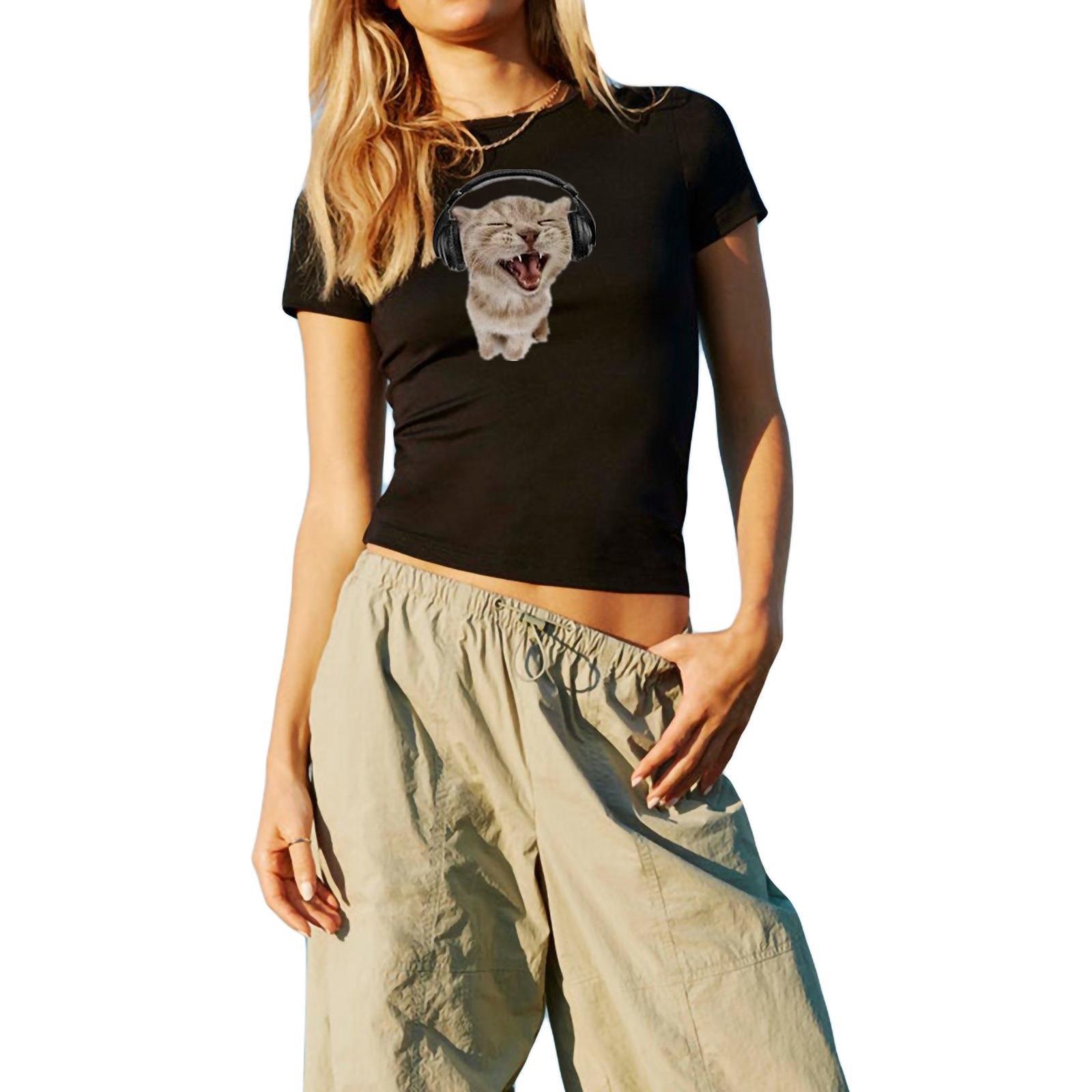 Cat Printing Short sleeved Slim fit Cotton T shirt Black - Shop at LoveMi