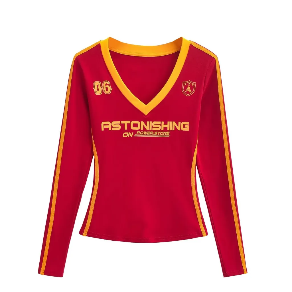 Women's American-style Retro V-neck Printing Color Contrast Long-sleeved T-shirt - Red