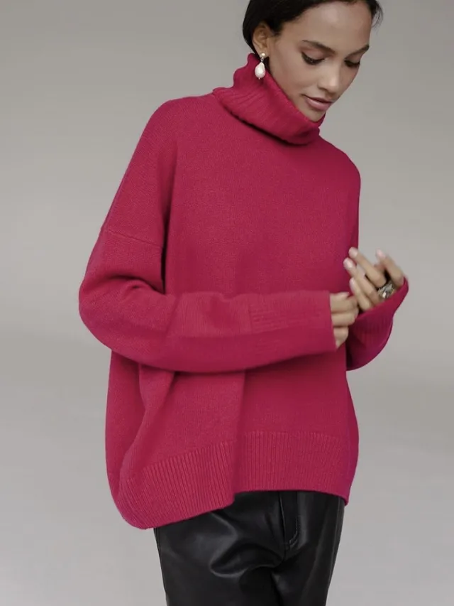 Women's Multi color Turtleneck Solid Color Sweater Loose Pullover Stand Collar Rose Red - Shop at LoveMi