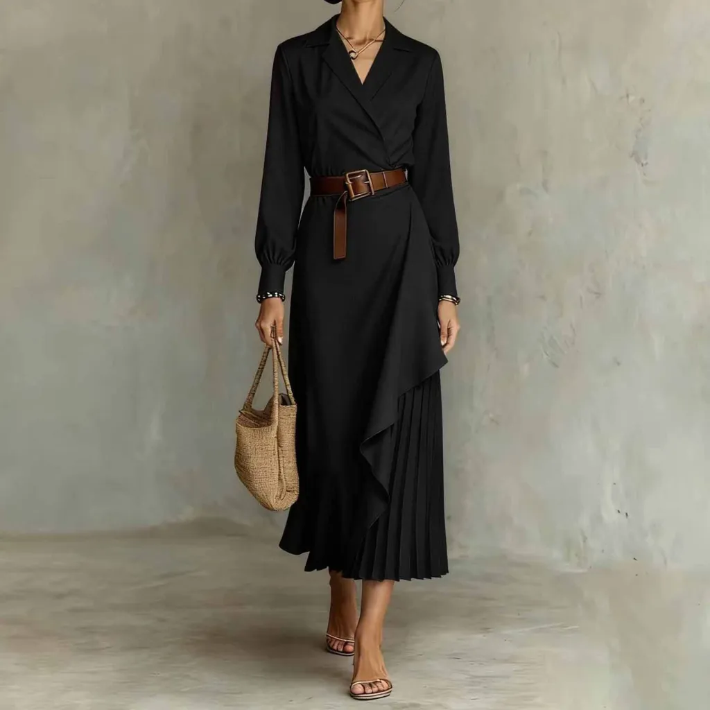 Western-style Irregular Pleated Long-sleeve Dress For Spring And Autumn - Black