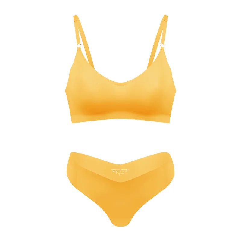 Women's V-neck Breathable Underwear Bra Panties Set - Gold