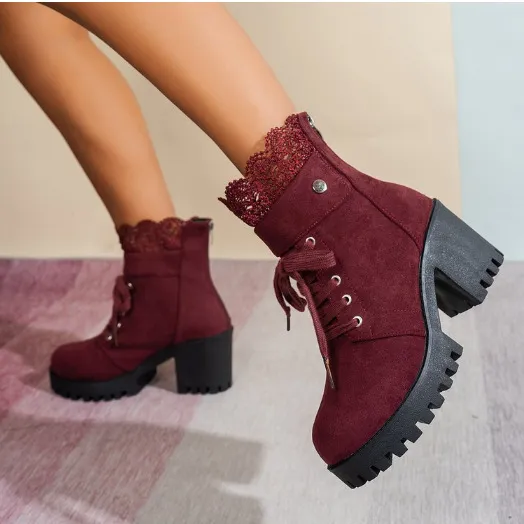 High Heel Chunky Heel Lace up British Style Martin Boots Red - Shop at LoveMi