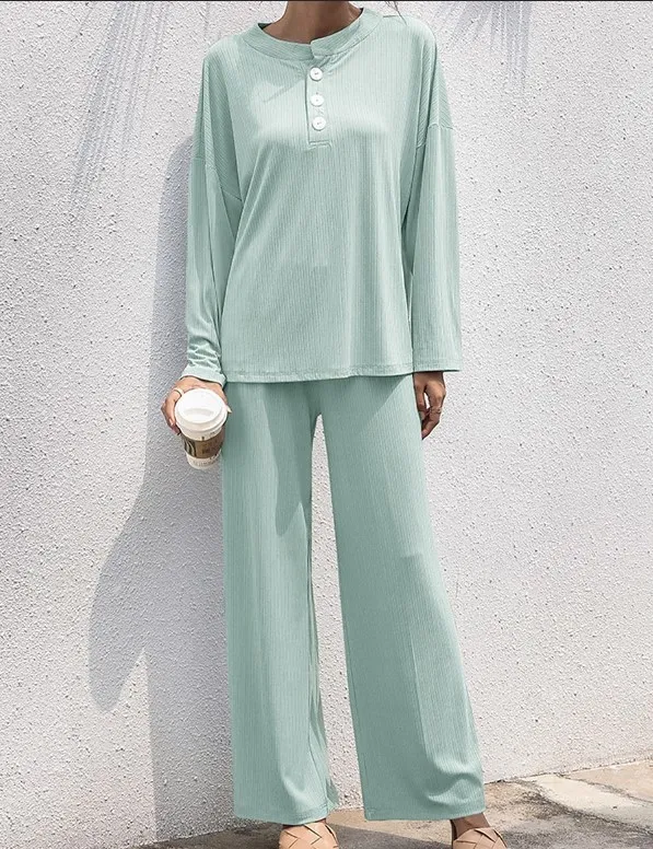 Women's Clothing Stand up Collar Long Sleeve Shirt Straight leg Trousers Suit Light Green - Shop at LoveMi
