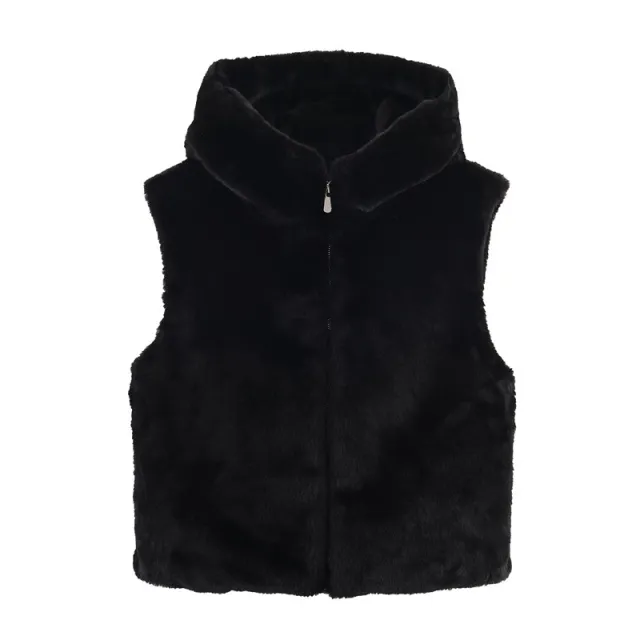 European And American Style Fashionable Hooded Faux Fur Effect Vest Black - Shop at LoveMi