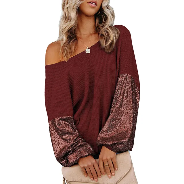 European And American Personalized Sequins Backless Knitted Long Sleeve Sweater Women Red - Shop at LoveMi