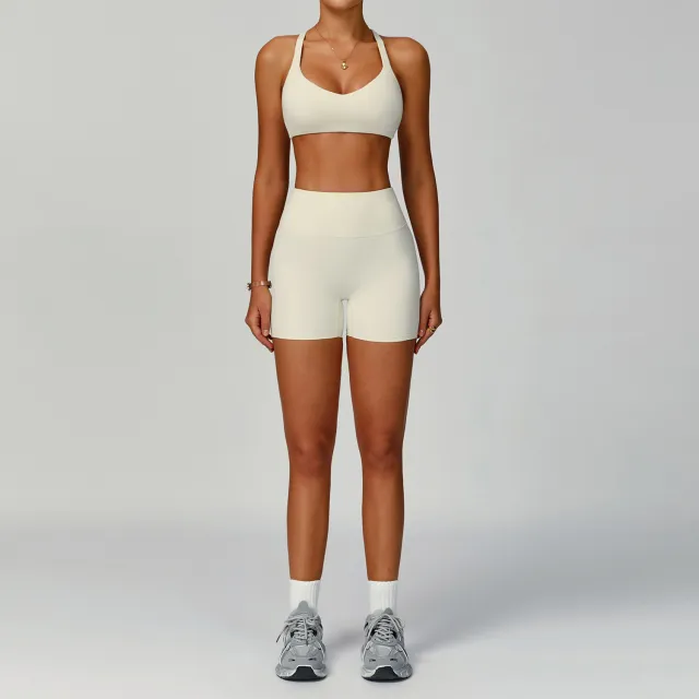 Women's Pure Color Tight Hollow out Beauty Back Sports Outdoor Running Outfit Shorts Suit Apricot - Shop at LoveMi