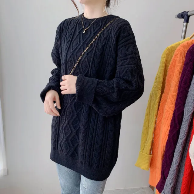 Girls' Mid length Thickened Sweater Korean Style Lazy Style Loose Pullover Solid Color Crew Neck Coat Black - Shop at LoveMi