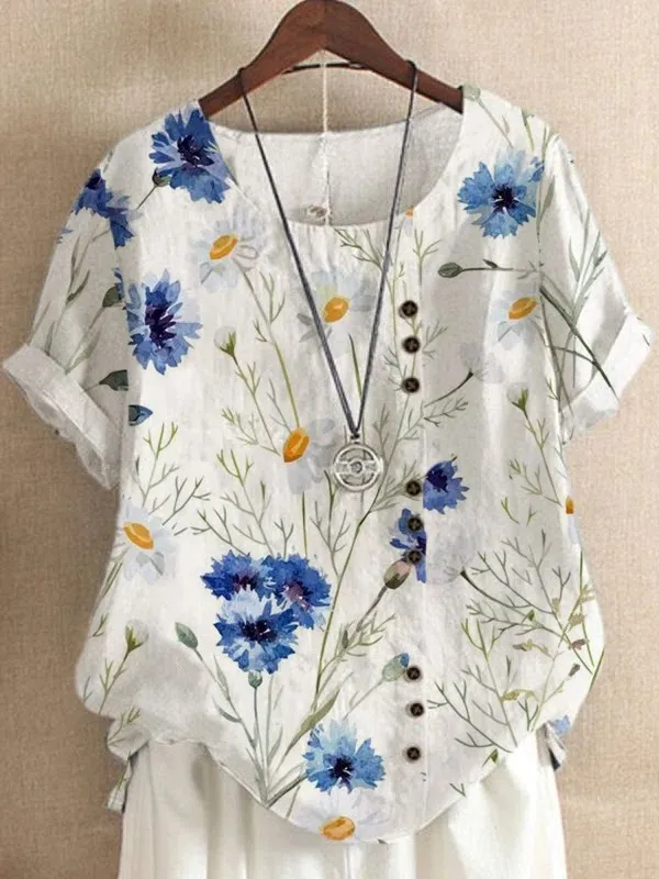 Retro Cotton And Linen Printed Loose Casual Shirt Short sleeved T shirt For Women Flower 3 S - Shop at LoveMi