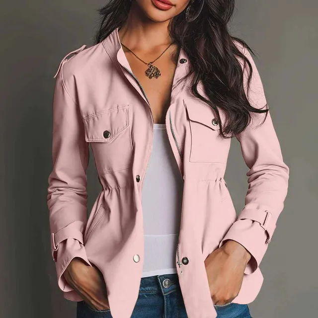 Long Sleeve Waist tight Jacket Pocket Windbreaker Coat Women's Clothing Pink - Shop at LoveMi