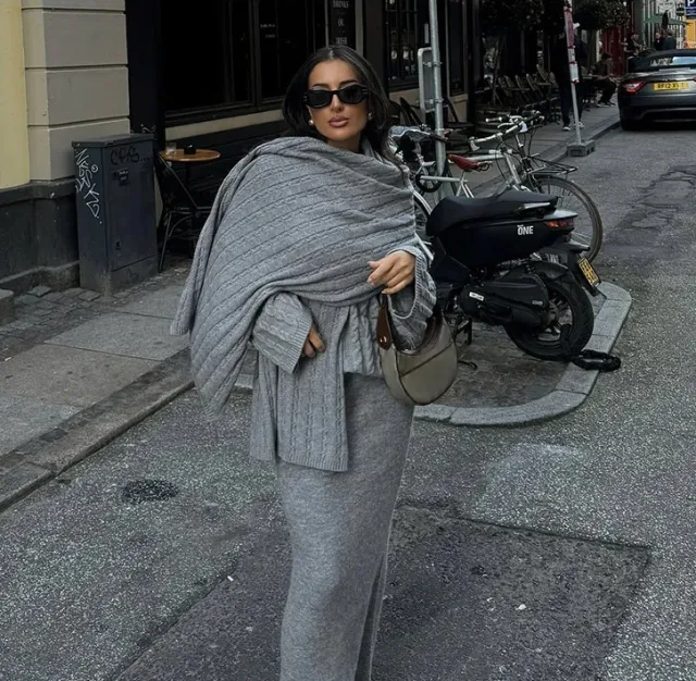 Women's Solid Color Pleated Scarf Twisted Knitted Sweater Gray - Shop at LoveMi