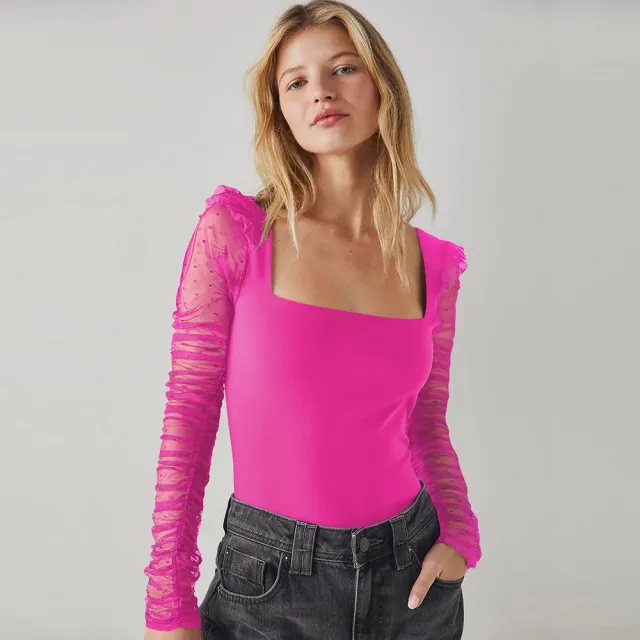 Square Collar Solid Color Lace Slim Fit Patchwork Top Rose - Shop at LoveMi