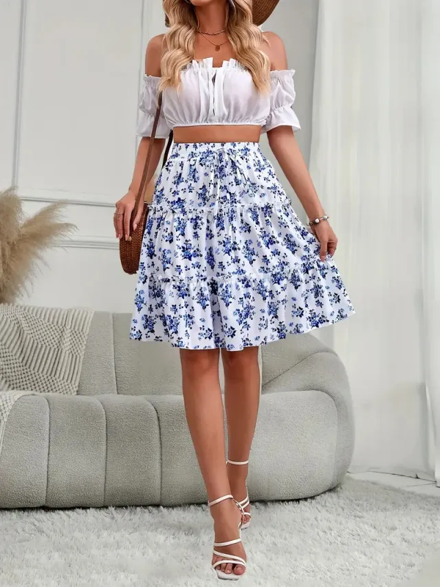Floral Print Stretch Waist Skirt Knee Layered Hem A Line Skirt Sky Blue - Shop at LoveMi