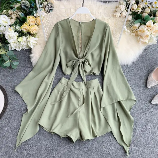 New Design Sense Bell Sleeve Chiffon Shirt High Waist Wide Leg Shorts Western Style Two piece Suit Green - Shop at LoveMi