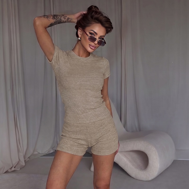 Womens Crew-neck Waist-cinched Short-sleeve Top And Shorts Set