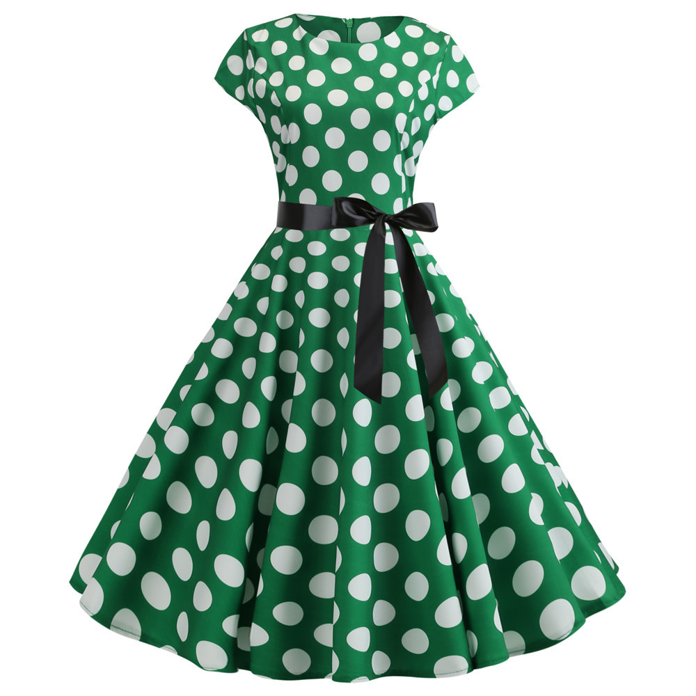 Summer Dots And Stripes Printed Waist-controlled Elegant Big Hem Dress