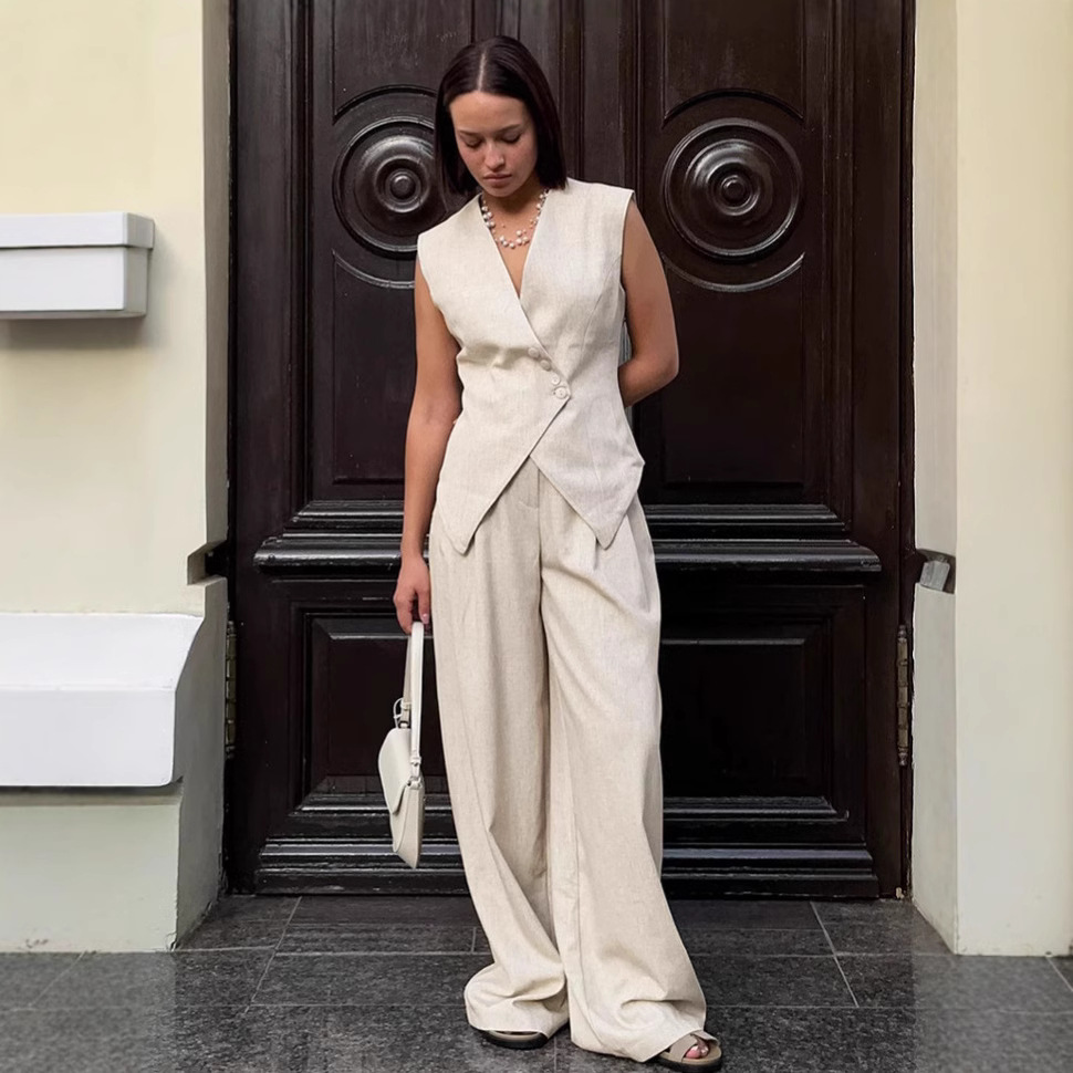Women's Two-piece Cotton And Linen Wide-leg Pants