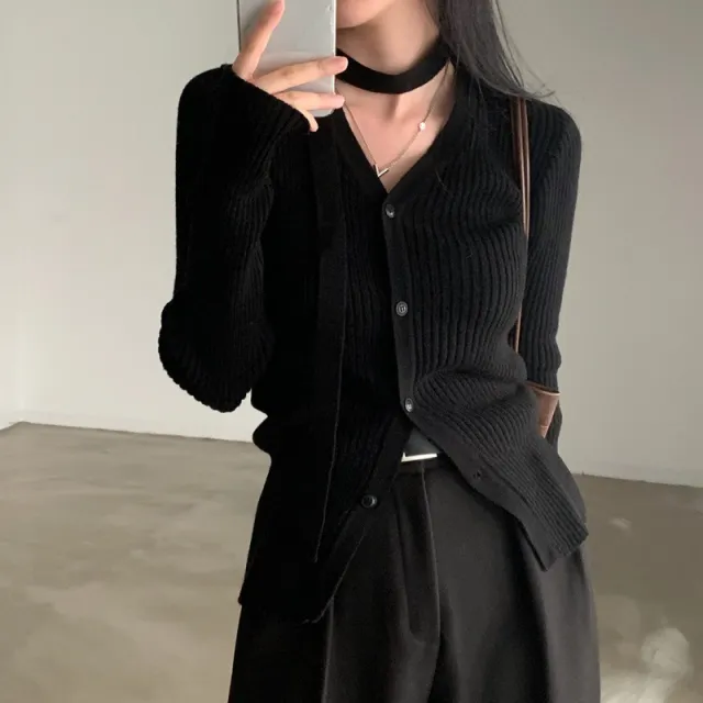 V neck Single Breasted Slim Fit Slimming Sweater Black - Shop at LoveMi