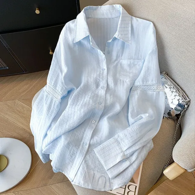 Hollow Lace Design Blue Striped Sun Protection Shirt For Women Summer Blue - Shop at LoveMi