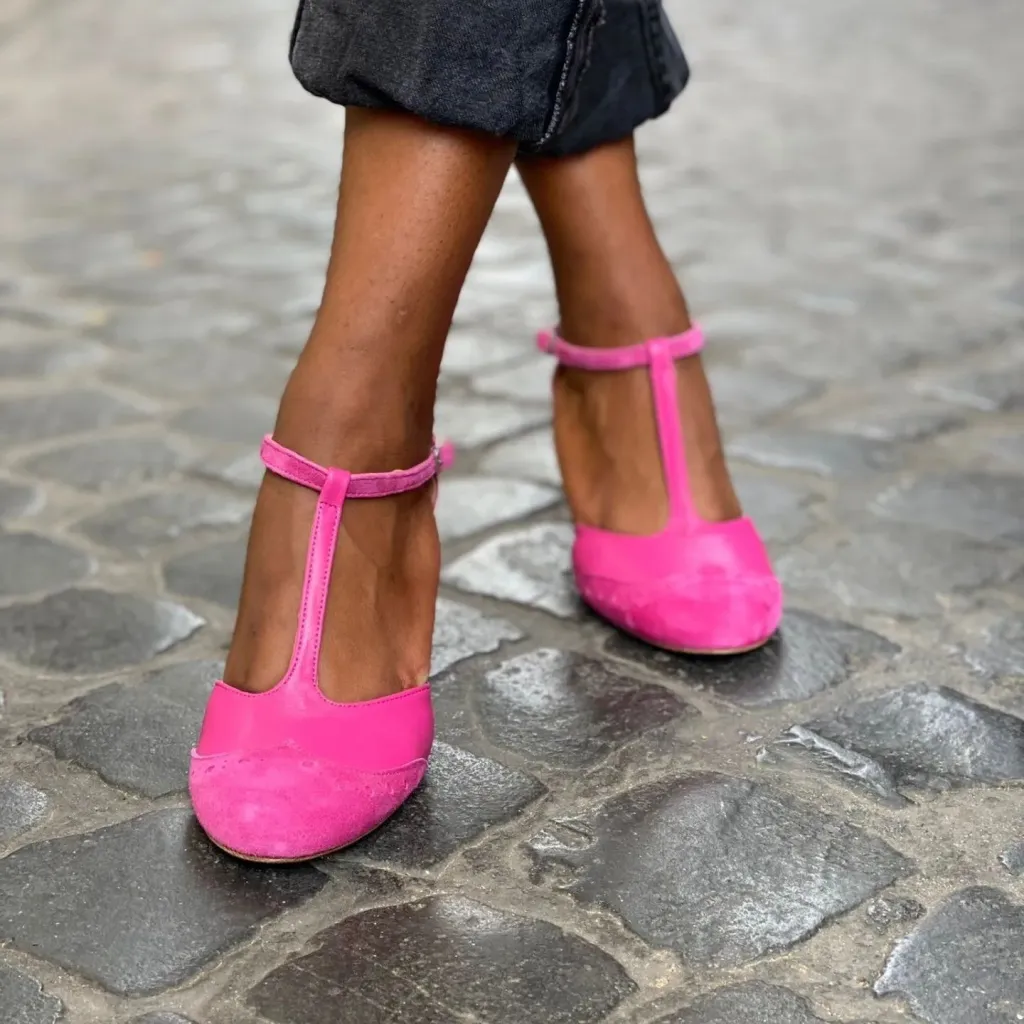 Leather Women's T-strap Two-tone High-heel Sandals - Pink