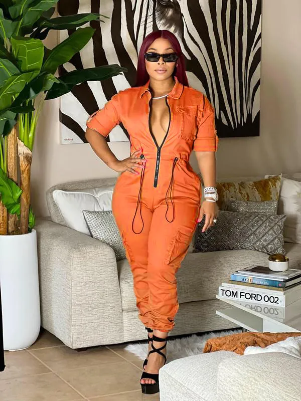 Fashion Multi pocket Work Pants One piece Trousers Cardigan Waist tight Woven Orange - Shop at LoveMi