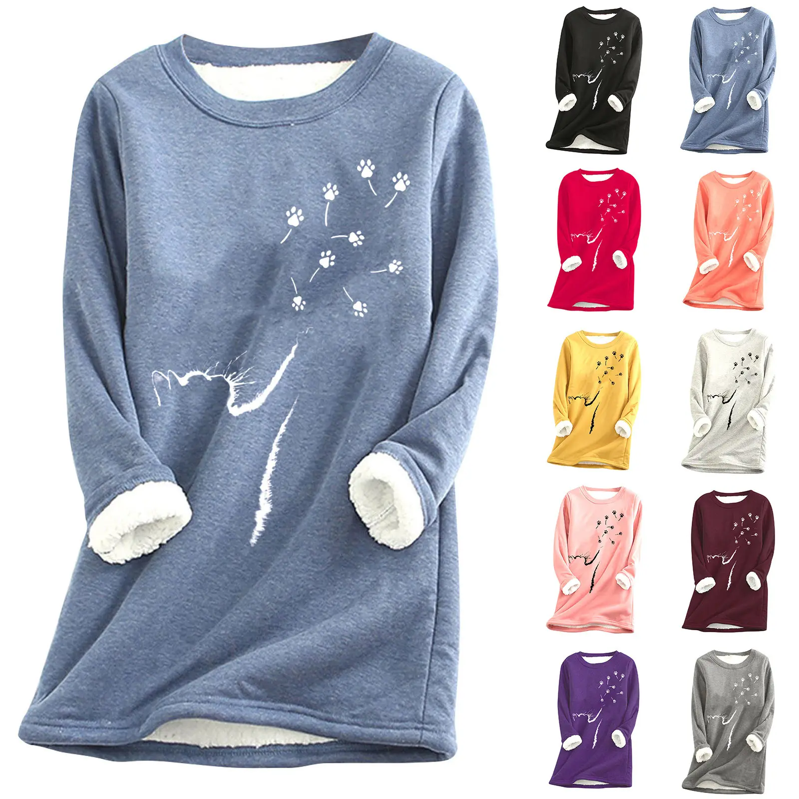 Womens Cat-Paw Print Fluffy Crew-Neck Sweatshirt