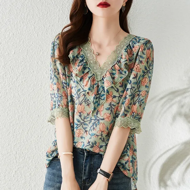 V neck Floral Chiffon Shirt For Women - Shop at LoveMi